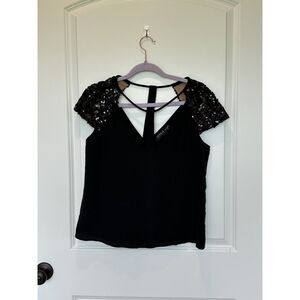 Jessie Liu Sierra Black Silk Sequin Sleeve Top Size Small